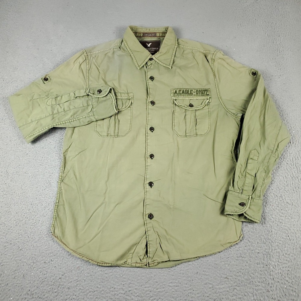 American Eagle Mens Large Green 2 Pocket Button Up Long Sleeve Shirt Vintage Fit